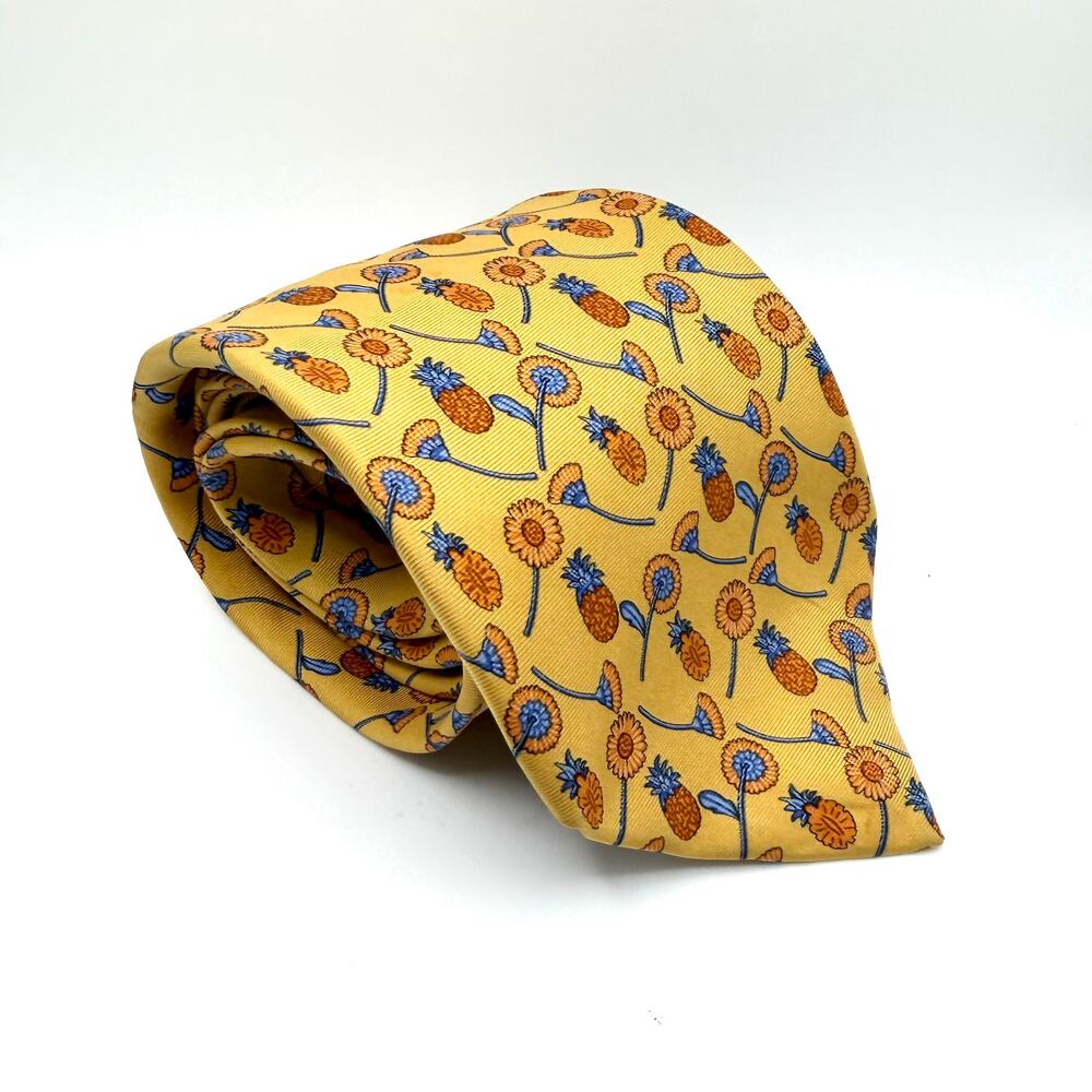 Longchamp Paris Yellow Silk Pineapple Sunflower Print Necktie